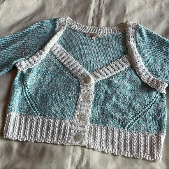 LoveShackFancy- Cotton Candy Geneve Crop Knit Sweater Cardigan Baby Blue Size XL - Picture 3 of 8